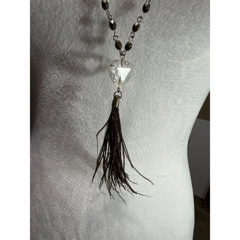 American Eagle Long Beaded Feather Necklace Boho Brown Silver Tone Tassel